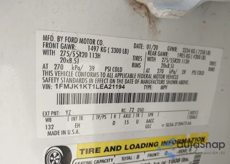 2020 Ford Expedition Limited Max z USA, uszkodzony, nr VIN 1FMJK1KT1LEA21194